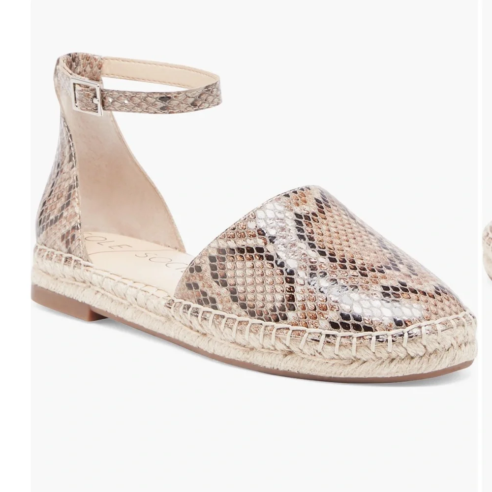 Sole Society Saylah Snakeskin Espadrille Ankle Strap Flats Tan NWT - Picture 1 of 5
